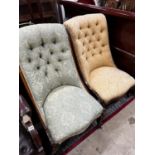 A near pair of Victorian mahogany and rosewood upholstered nursing chairs width 54cm, height 91cm
