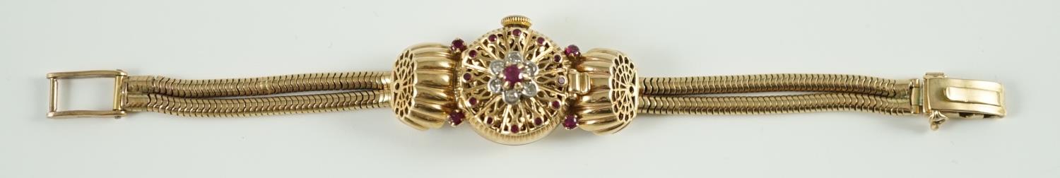 A lady's 1950's 9ct gold, ruby and diamond set manual wind cocktail watch, on a 9ct gold twin strand - Image 4 of 4