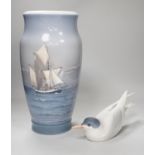 A Royal Copenhagen model of a tern and a similar vase, 34cm tall