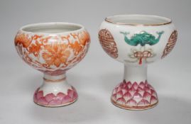 Two 19th century Chinese enamelled porcelain stem bowls, each painted with bats and Shou, the foot