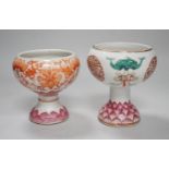 Two 19th century Chinese enamelled porcelain stem bowls, each painted with bats and Shou, the foot