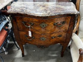 A small 19th century French transitional style gilt metal mounted kingwood marble topped two