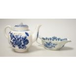 A Liverpool porcelain blue and white sauceboat and a Worcester teapot. Tallest 12cm
