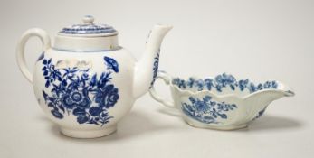 A Liverpool porcelain blue and white sauceboat and a Worcester teapot. Tallest 12cm