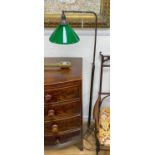 An Edwardian style lacquered brass telescopic lamp standard with green glass shade