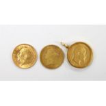 A Victorian 1866 gold half sovereign, a 1908 golf half sovereign in later 9ct gold pendant mount and