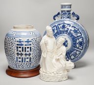 A Chinese blue and white two handled moonflask, together with another Chinese vase and Chinese