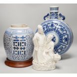 A Chinese blue and white two handled moonflask, together with another Chinese vase and Chinese