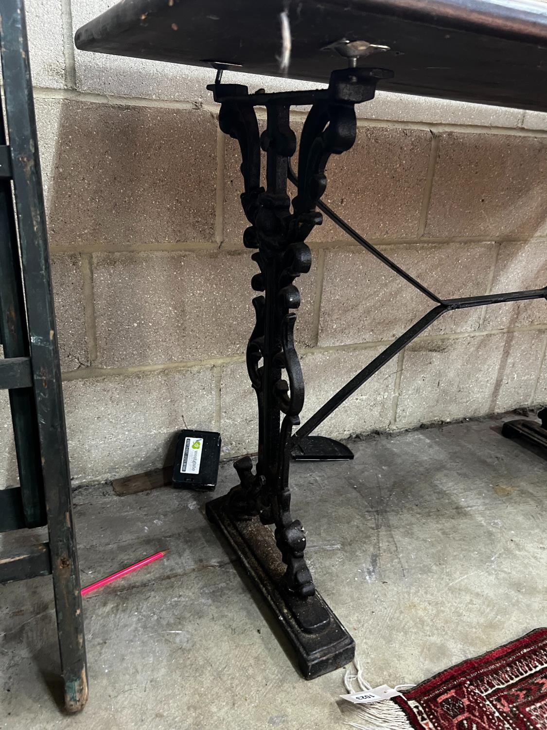 Two Victorian style cast metal stained wood topped tavern tables, larger width 120cm, depth 60cm, - Image 4 of 4