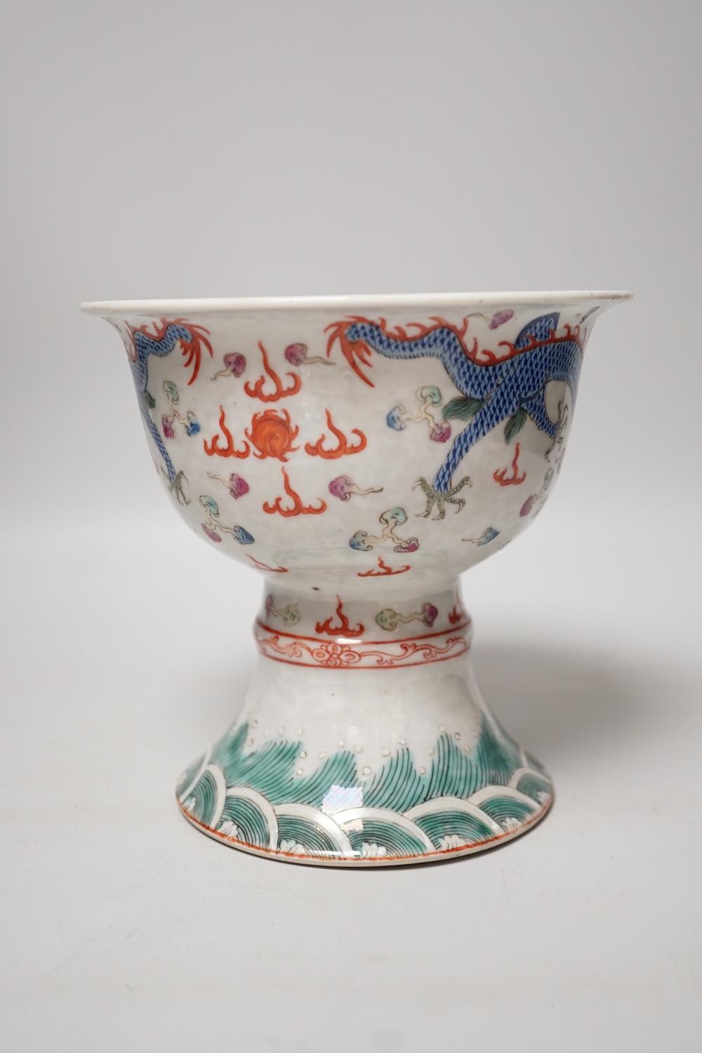 A large 19th century Chinese enamelled porcelain ‘dragon’ stem bowl, 16.5cm - Image 3 of 8