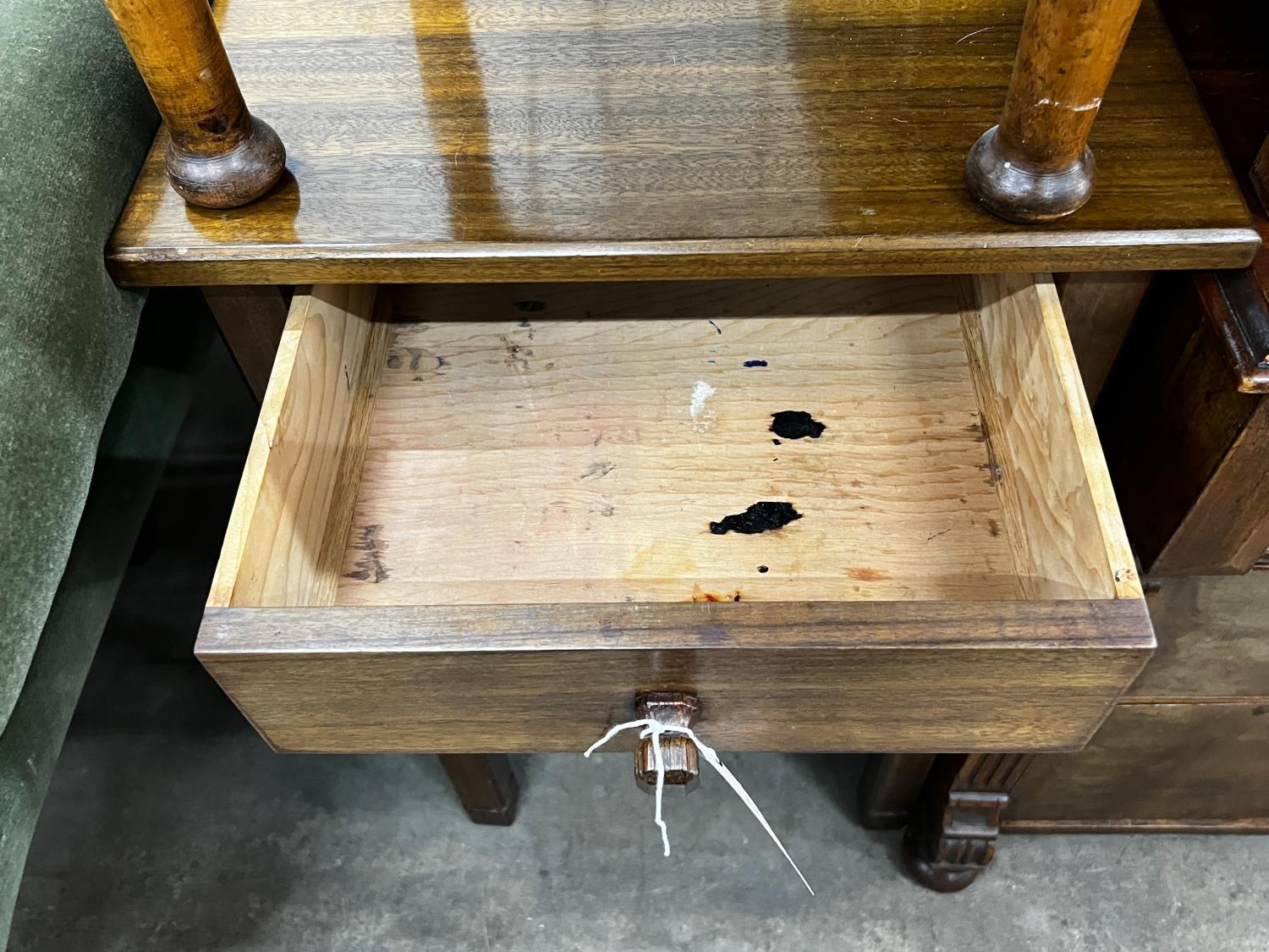 A mid century teak three drawer bedside chest, height 77cm together with an oak and pine workbox - Image 6 of 6