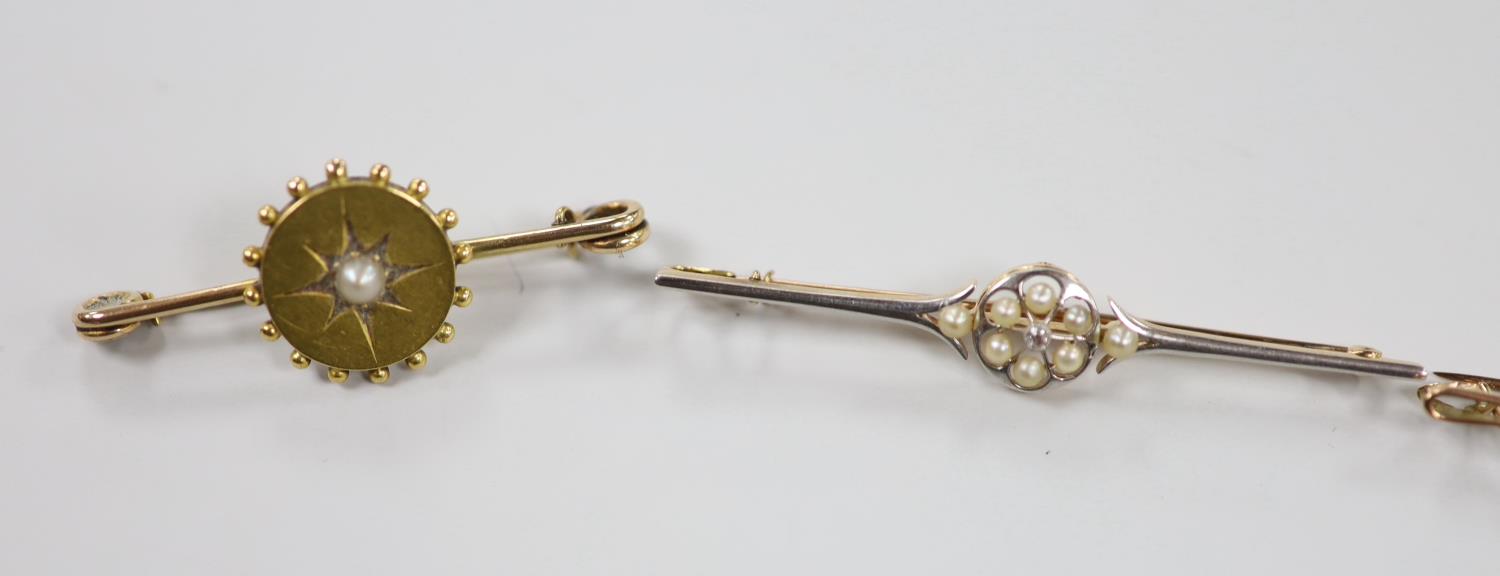 A Victorian 15ct, diamond and seed pearl cluster set bar brooch, 59mm, gross 4 grams and three other - Image 2 of 3