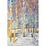 Oleg Koren (Russian, b.1933), oil on board, Figures beneath birch trees in winter, signed, 67 x