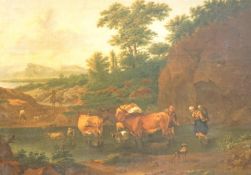 After Nicholaes Berchem (1620-1683), oil on canvas laid on panel, Drover crossing a stream, 41 x