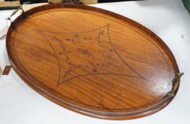 A large oval marquetry satinwood tray. 66cm wide