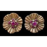 A pair of 1950's gold, ruby and diamond cluster set flower head earrings, diameter 18mm, gross