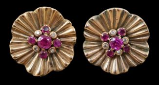 A pair of 1950's gold, ruby and diamond cluster set flower head earrings, diameter 18mm, gross