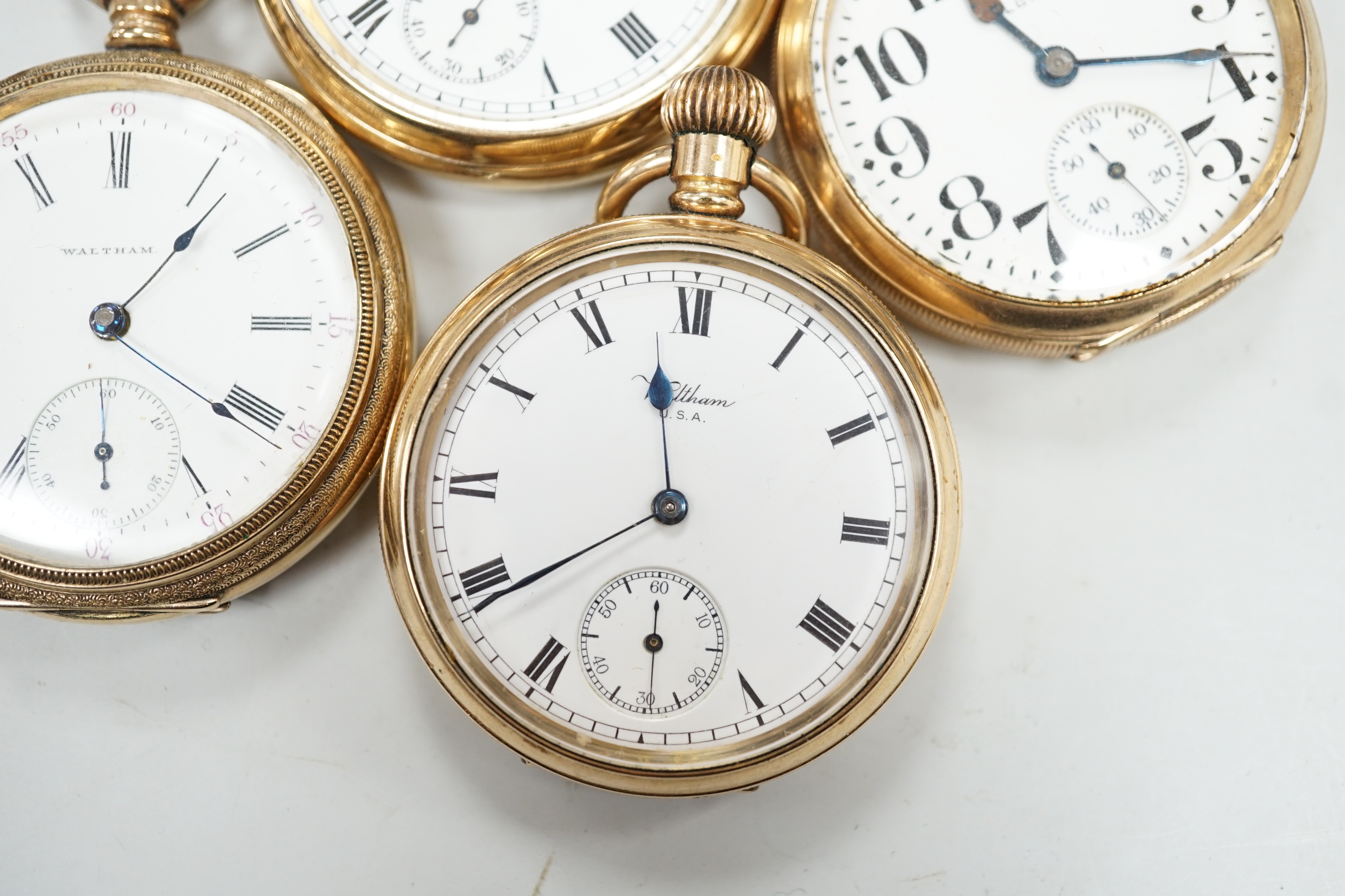 Three assorted gold plated Waltham open faced pocket watches and a similar Elgin pocket watch. - Image 4 of 5