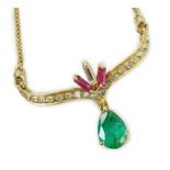 A modern Italian 750 yellow metal, emerald, ruby and diamond cluster set drop pendant, pendant width