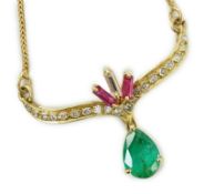 A modern Italian 750 yellow metal, emerald, ruby and diamond cluster set drop pendant, pendant width
