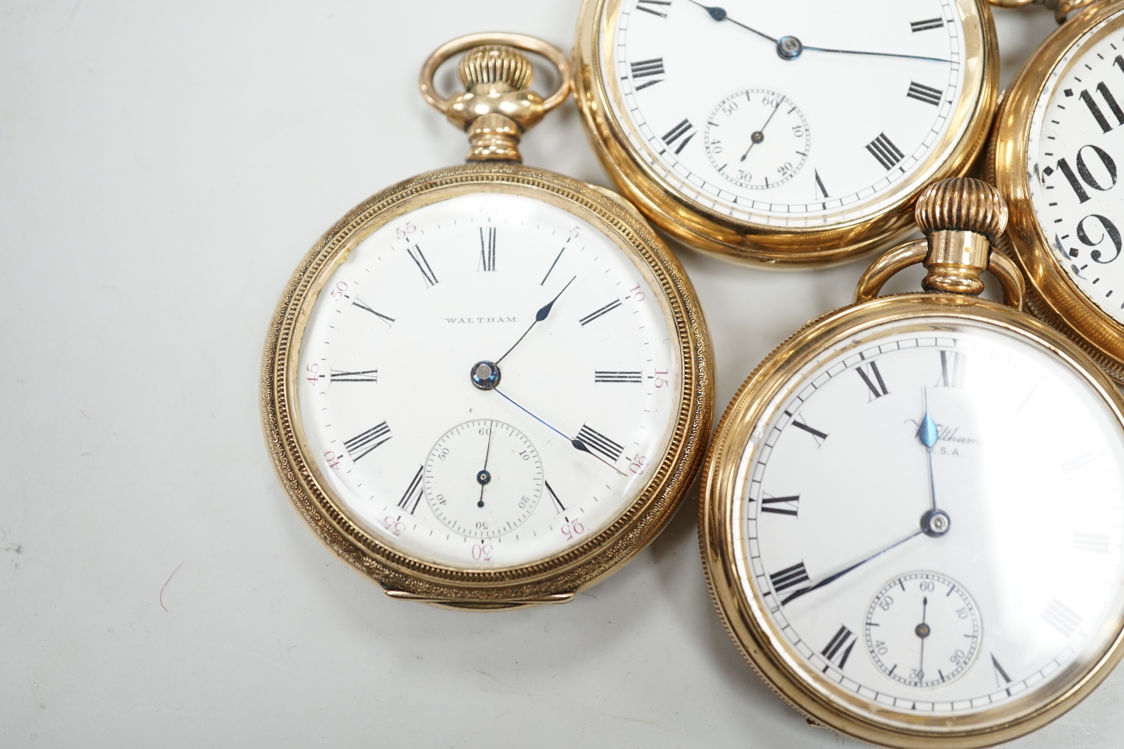 Three assorted gold plated Waltham open faced pocket watches and a similar Elgin pocket watch. - Image 5 of 5