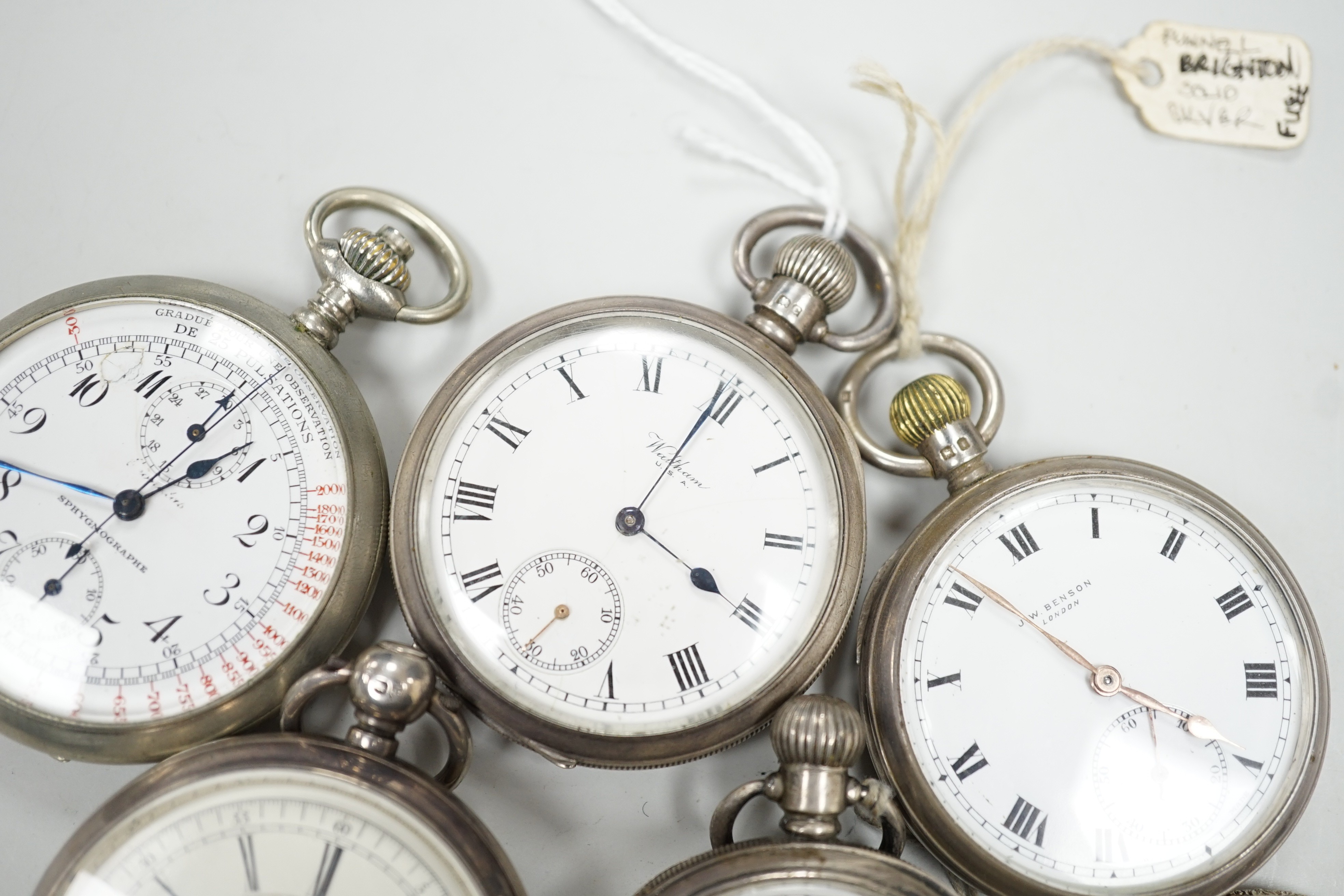 Four assorted silver open faced pocket watches including two Waltham and a J.W. Benson and two other - Image 5 of 7