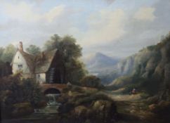 19th century English School, oil on canvas, Figures in a Welsh landscape, 45 x 60cm
