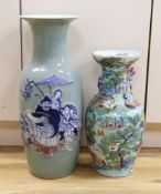 A Chinese enamelled porcelain vase and an underglaze and copper red large celadon glazed vase,