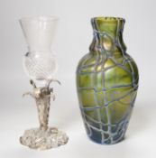 A Victorian thistle vase on cast plated base and a Pallme-Konig Art Nouveau glass vase