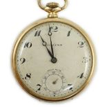 A George V 9ct gold Grosvenor open faced keyless dress pocket watch, case diameter 44mm, gross