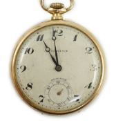 A George V 9ct gold Grosvenor open faced keyless dress pocket watch, case diameter 44mm, gross