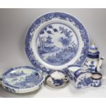 A group of English and Chinese blue and white tea and coffee wares, and a hot water dish, Chinese