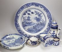 A group of English and Chinese blue and white tea and coffee wares, and a hot water dish, Chinese