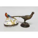 A Limoges pheasant box, together with a bronze figure of pheasant, bronze pheasant 25cms wide