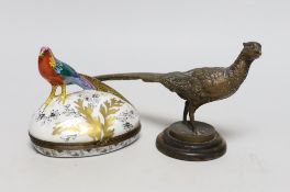 A Limoges pheasant box, together with a bronze figure of pheasant, bronze pheasant 25cms wide