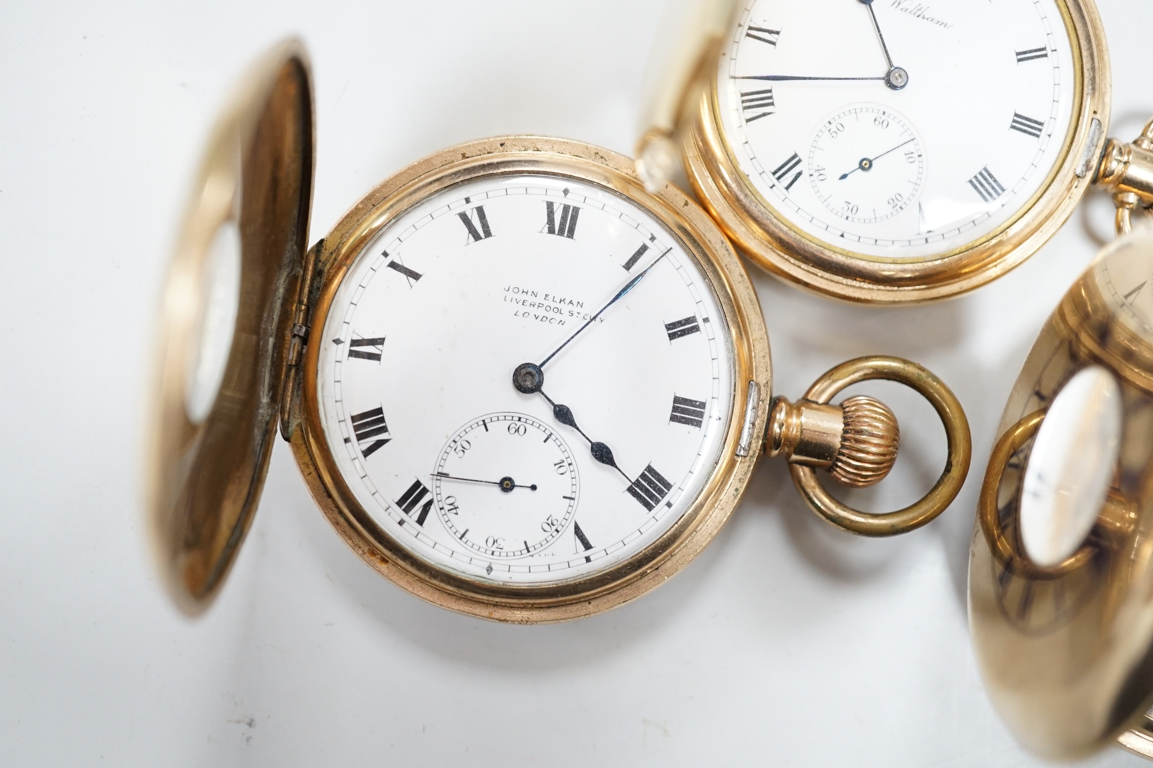 A gold plated Waltham hunter keyless pocket watch and two gold plated half hunter pocket watches, - Image 4 of 5