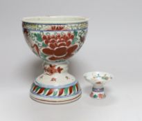 A small 19th Chinese stem dish decorated with peaches and a late 20th century large Wucai stem