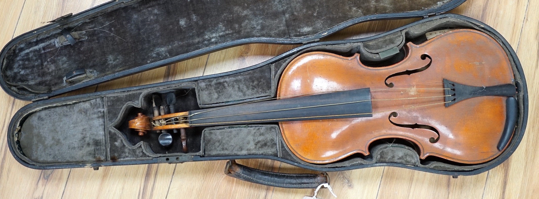 An early 20th century Stainer violin, patent number 23140, back measures 36.5cm excl button. cased.