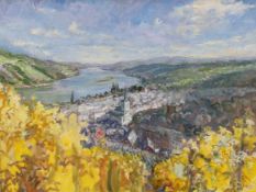 Tessa Spencer Pryse (b.1940), oil on board, 'Vineyards, The Rhine, near Bacharach', signed and