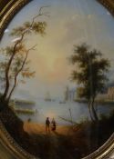 19th century Continental School, reverse painting on glass, Harbour scene at sunrise, 40 x 32cm