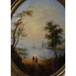 19th century Continental School, reverse painting on glass, Harbour scene at sunrise, 40 x 32cm