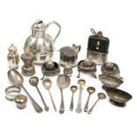Sundry small silver including a Guernsey can milk jug, mustard pot, damaged mounted glass hip flask,