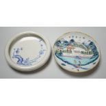 A Chinese enamelled porcelain saucer dish and a blue and white bowl