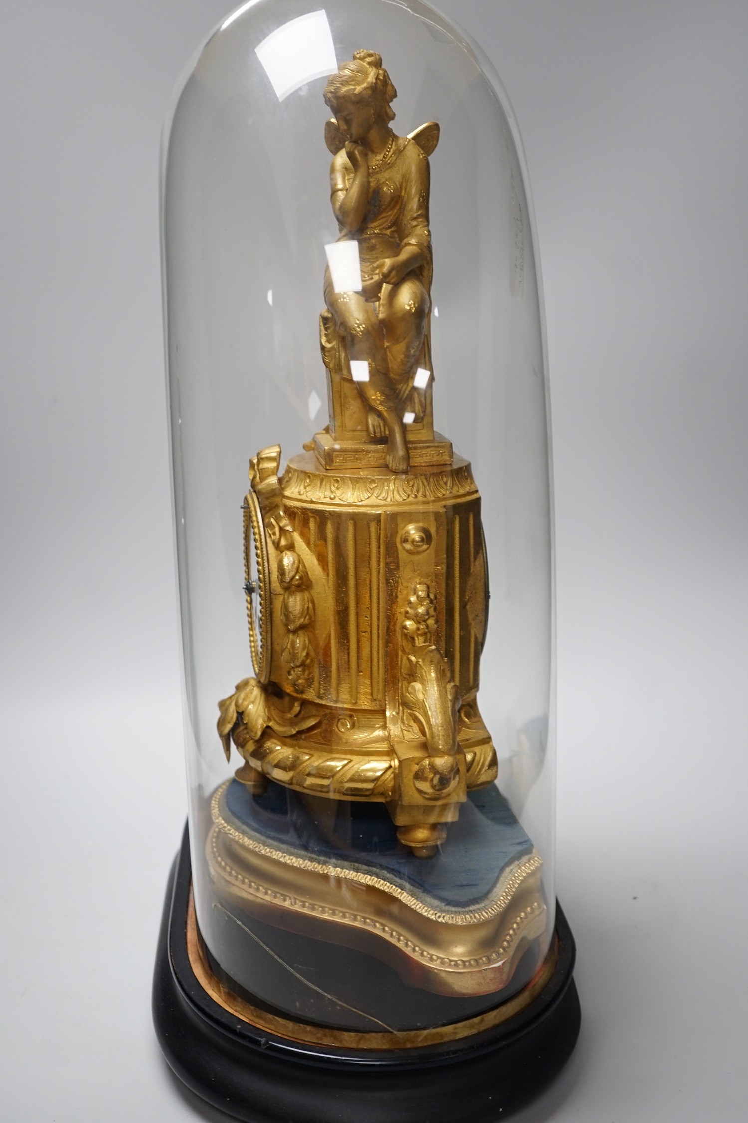 A French 19th century gilt metal clock by Phillipe H. Mourey on stand with glass dome, total - Image 8 of 9