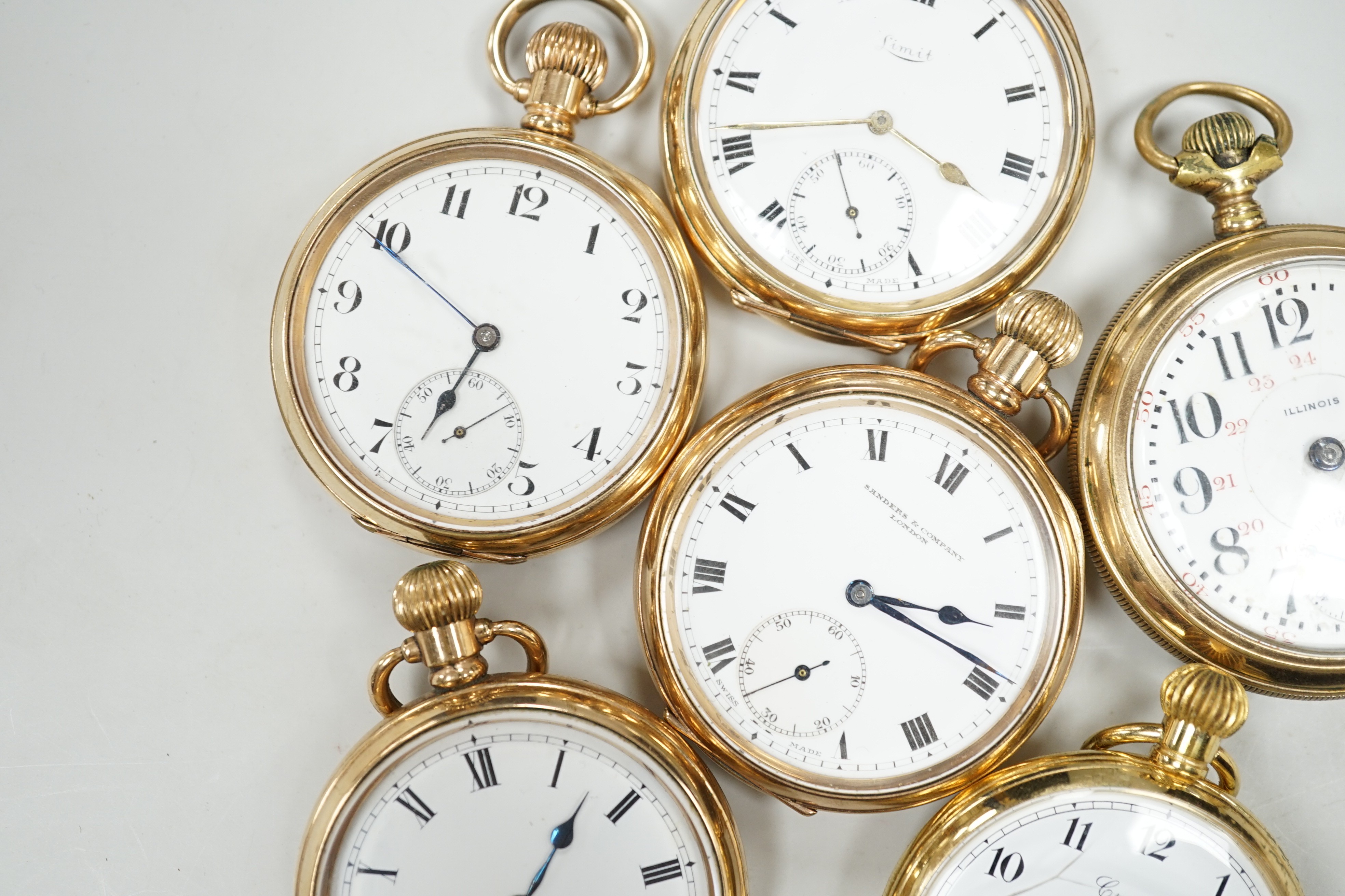 Six assorted gold plated open faces pocket watches, including Limit and Sanders Company. - Image 4 of 6