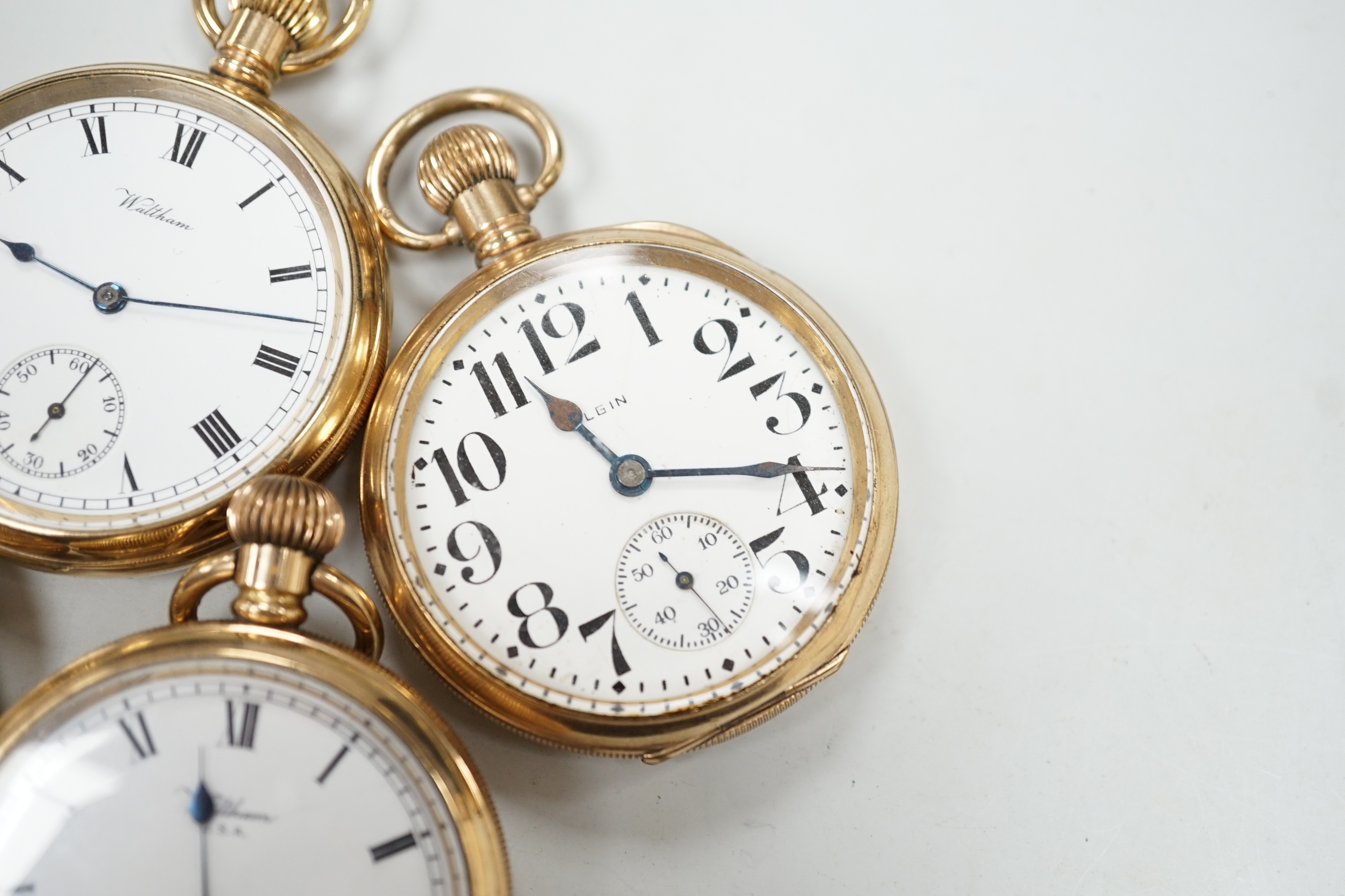 Three assorted gold plated Waltham open faced pocket watches and a similar Elgin pocket watch. - Image 3 of 5