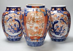 Three large Imari vases, tallest 28.5cm