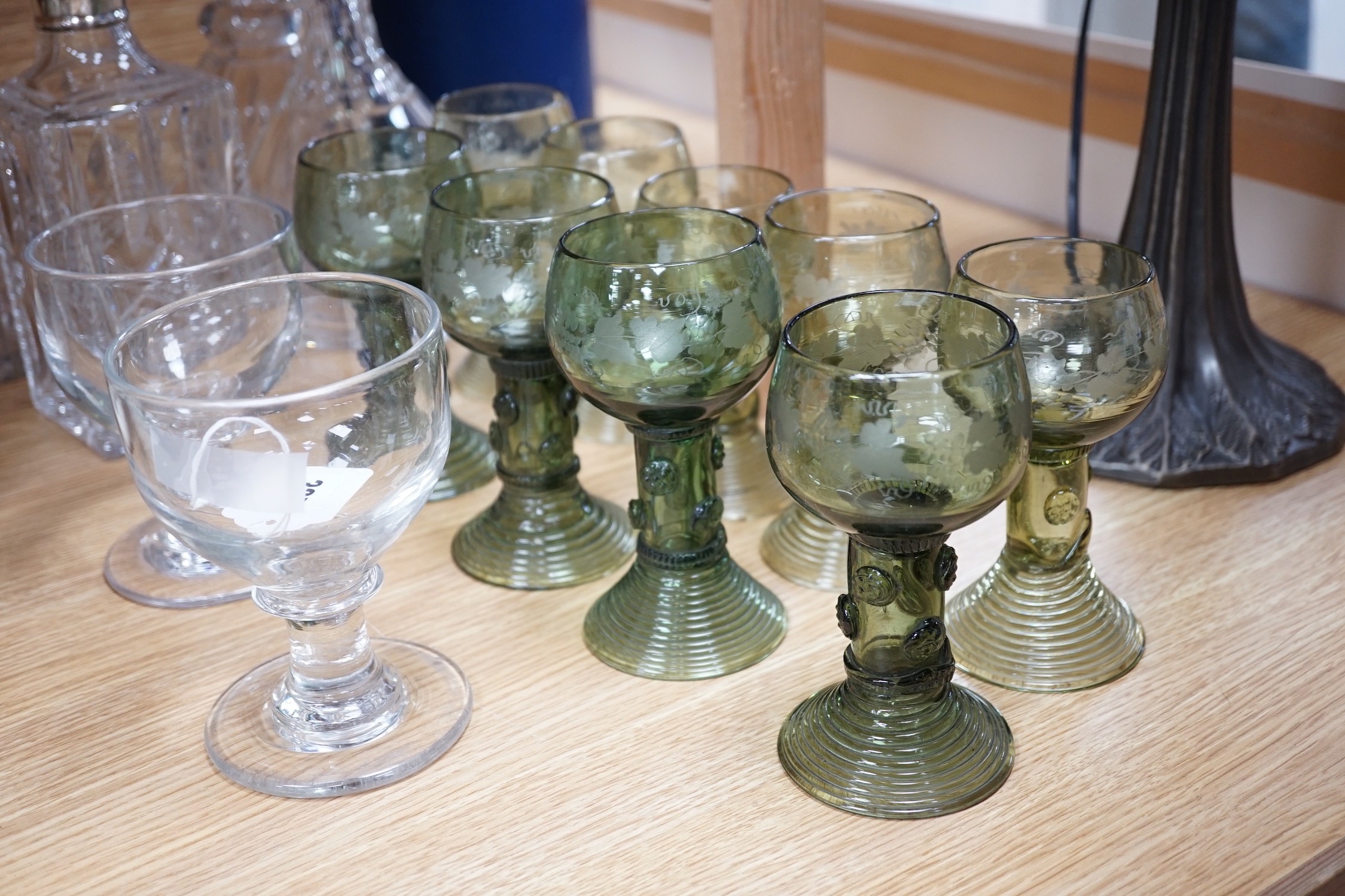 A pair of rummers, three glass decanters, a silver mounted decanter and nine etched green glass - Image 3 of 4