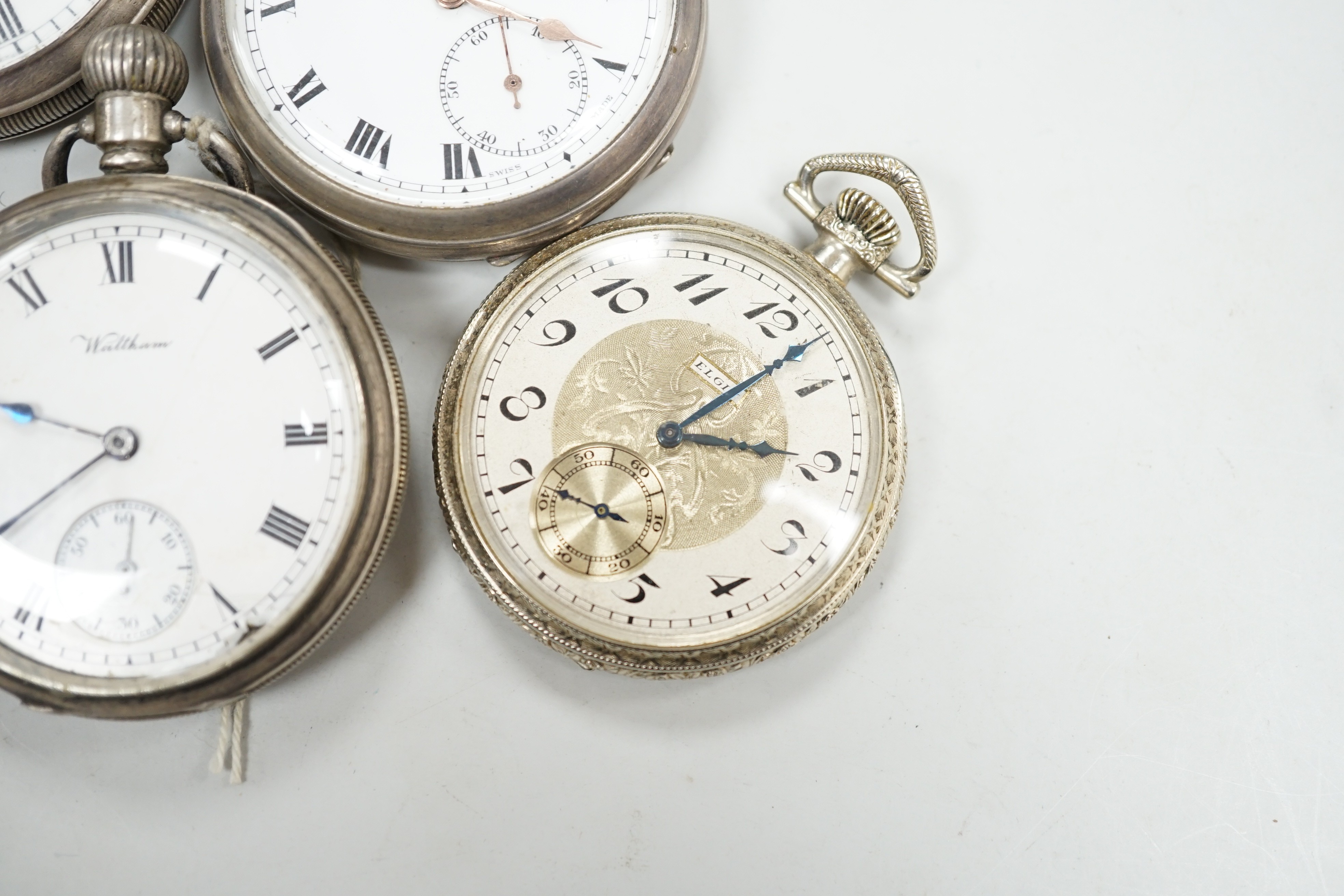 Four assorted silver open faced pocket watches including two Waltham and a J.W. Benson and two other - Image 2 of 7