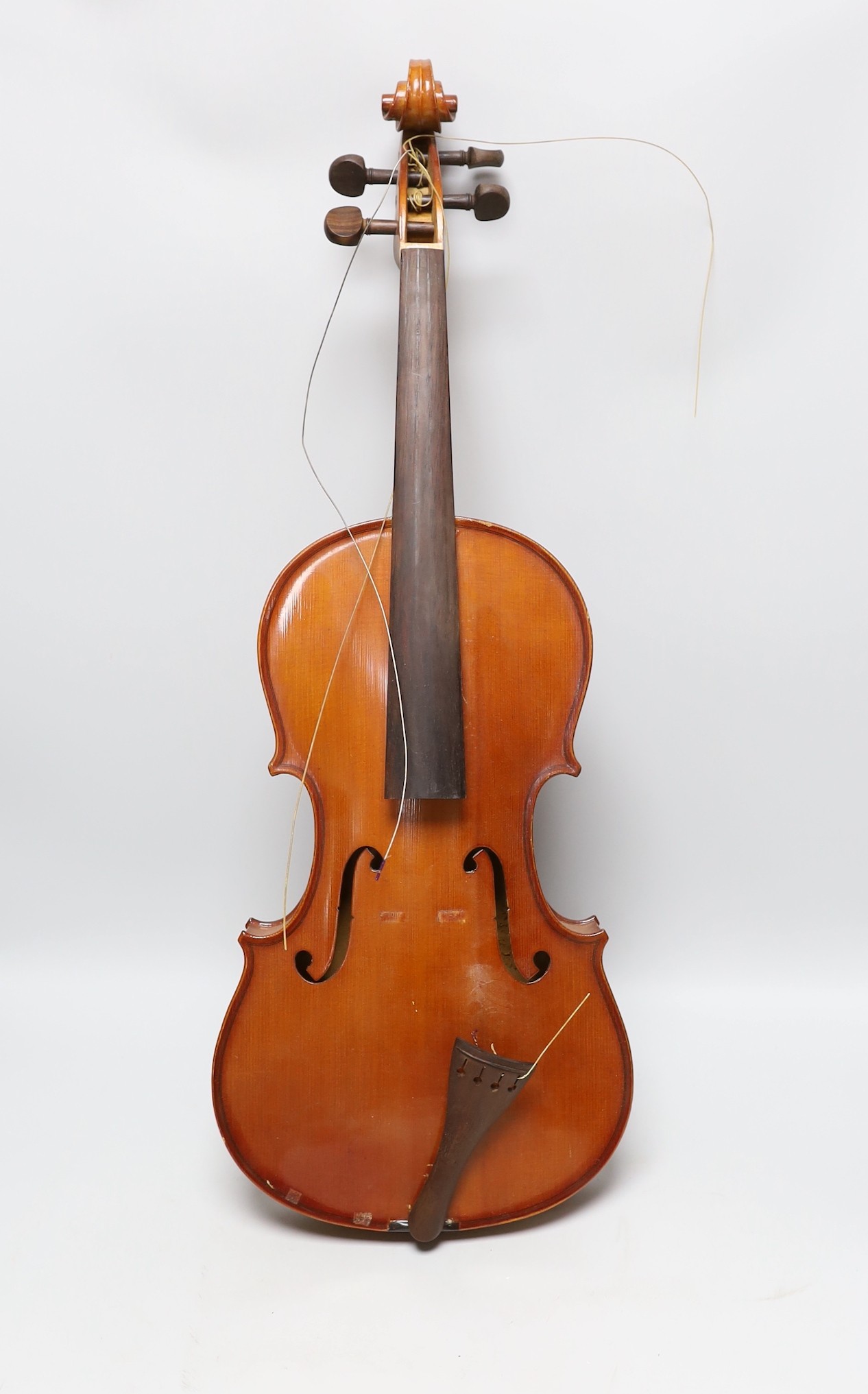 A cased viola and bow, viola back measures, 40.5cm